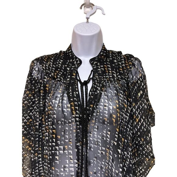 NEW! Badgley Mischka Black White Sheer Button Tassle Blouse Women's Small - Picture 2 of 10